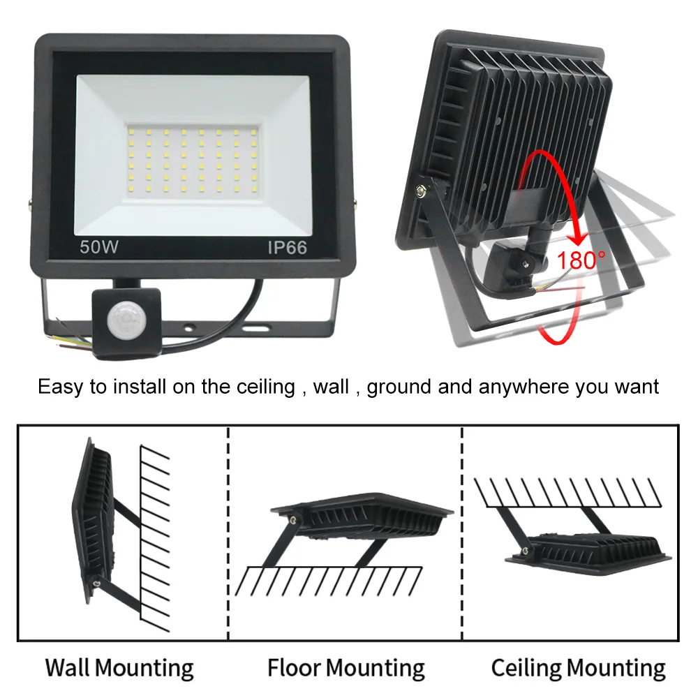 PIR Motion Sensor LED Flood Light 20W 50W Outdoor Floodlight 220V 240V Waterproof Led Spotlight for Garden Wall Street Light