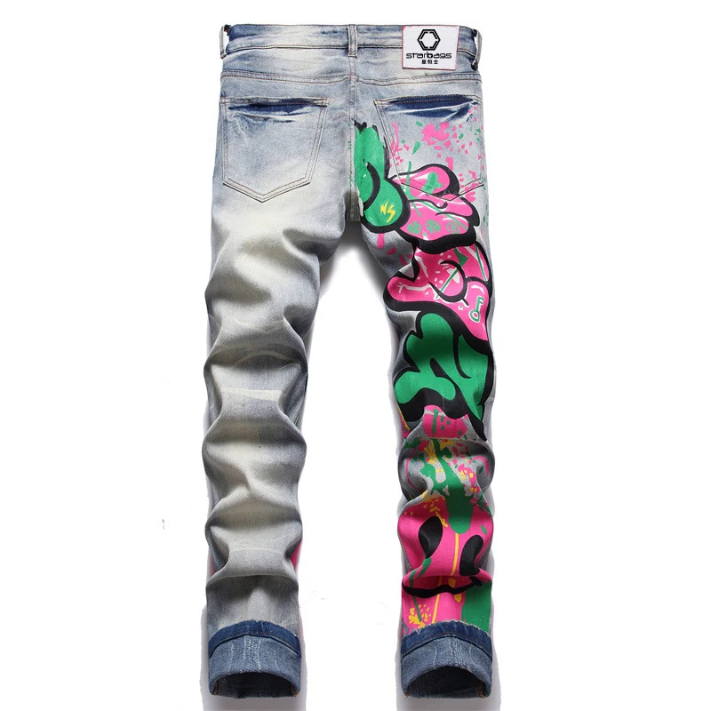 starbags 3295 style Punk trend retro blue ripped slim stretch print print small feet men's jeans