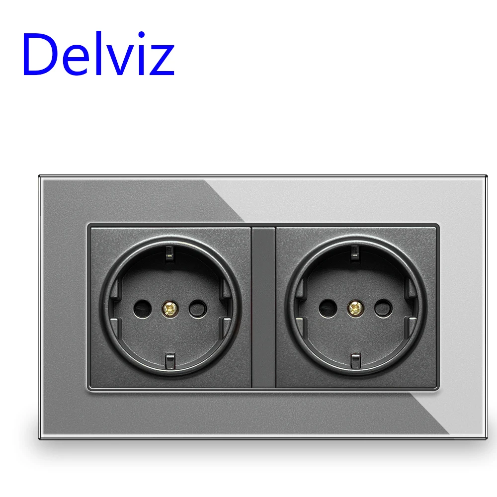 Delviz EU Standard wall socket, Tempered grey crystal glass panel,AC 110V~250V 146mm*86mm, 16A Power Wall Embedded Double Outlet