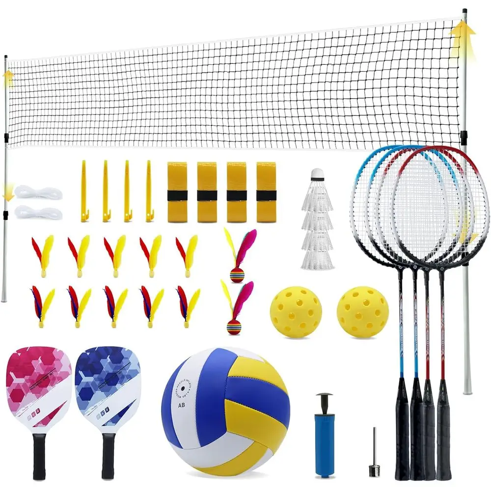 

Official Size 5 Volleyballs and 5 Badminton Rackets Combo Set for Outdoor Backyard Games