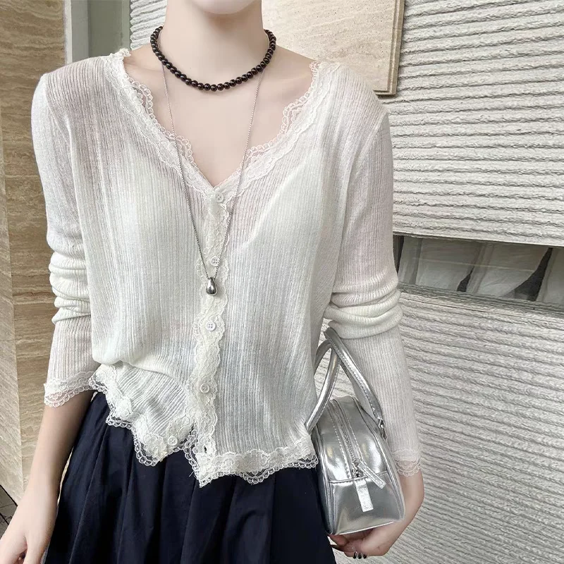 

Женский кардиган с кружевной отделкой и вышивкой, тонкий вязаный свитер с длинными рукавами и пуговицами спереди, летний сказочный наряд для девочек-подростков