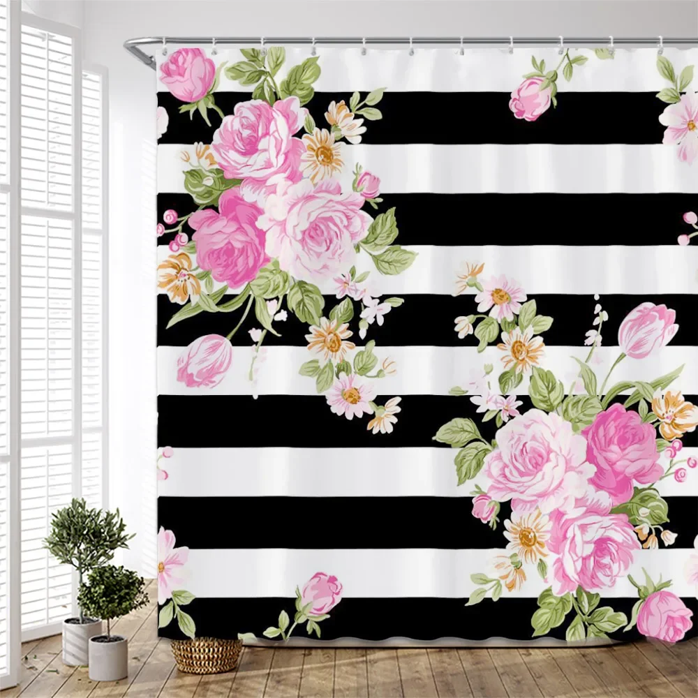 Black Perfume Bottle Shower Curtain Gorgeous Makeup Black and White Stripe Fashion Art Decor Bathroom Curtain Polyester Fabric