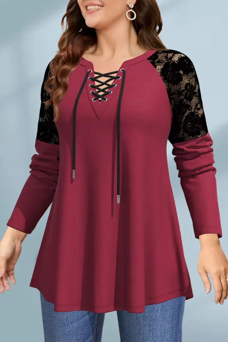 Damska koszulka z długim rękawem Plus Size Casual Burgundy Lace Stitching Lace-Up V Neck Autumn Spring Fashion Basic Soft Tee Top 2024