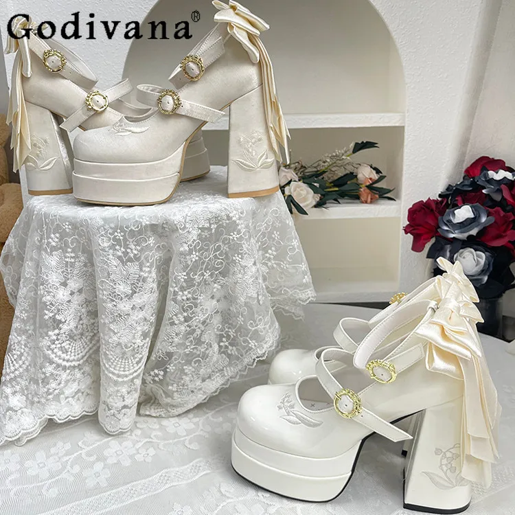 

Туфли на высоком каблуке Bow Mary Jane для женщин, оригинальные водонепроницаемые туфли на платформе, элегантные атласные туфли в японском стиле для женщин