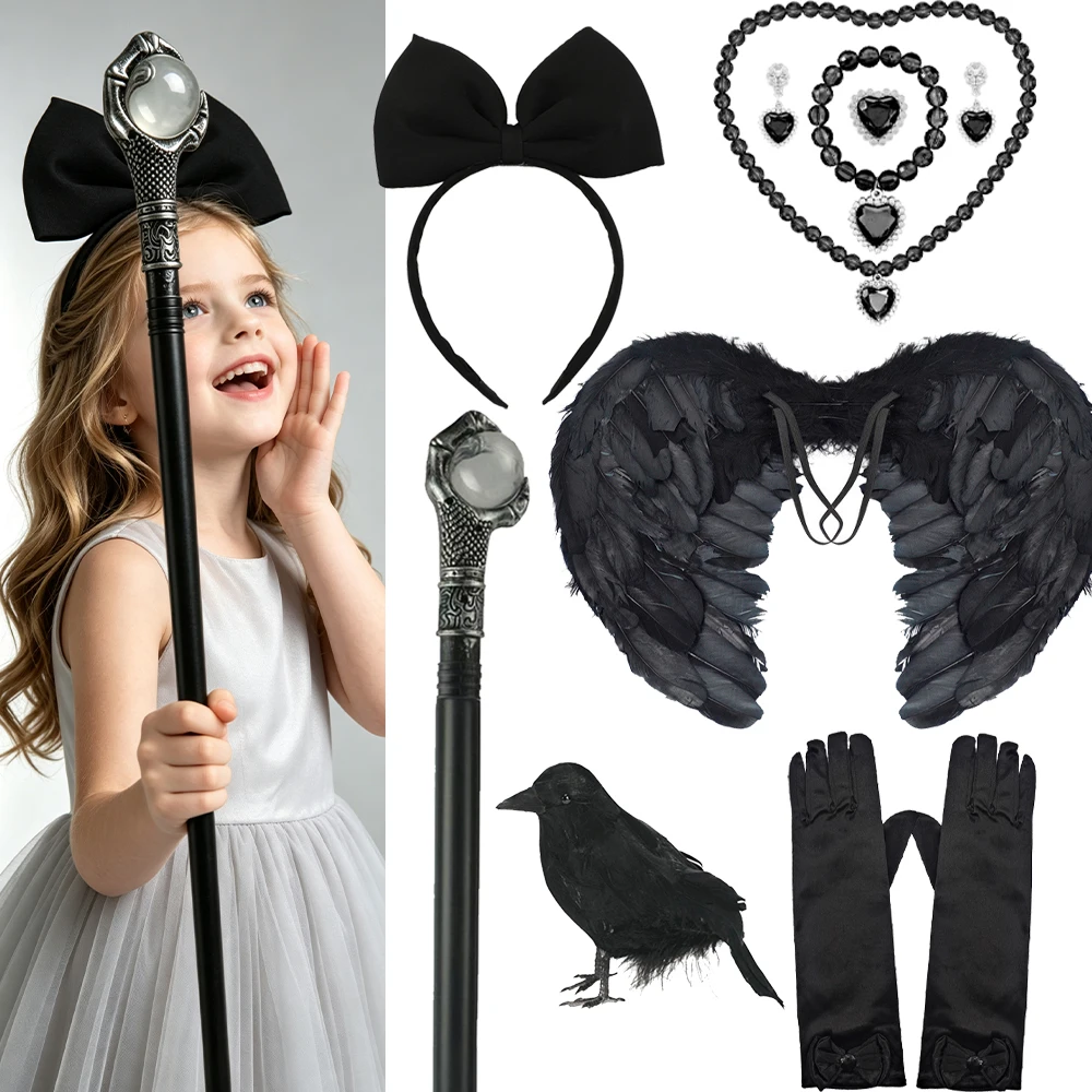 Black Witch Princess Accessories Feather Wings Crow Toy Cane Necklace Gloves Headband Set For Halloween Party