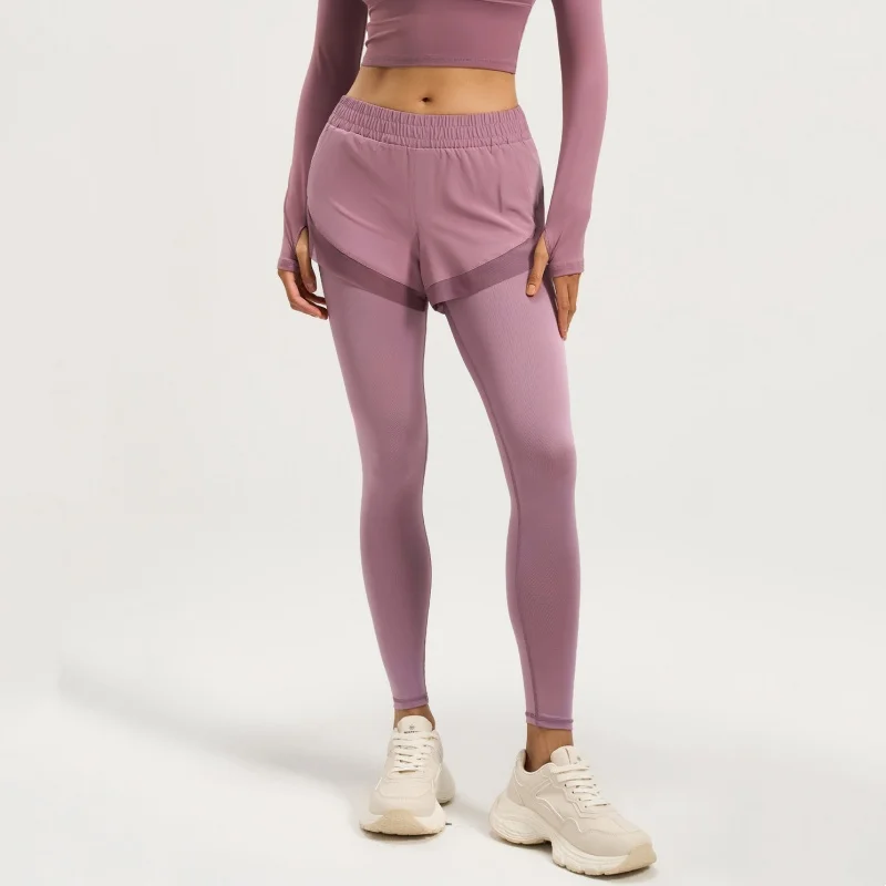 Fake Two-pieces Fitness Running Tight Pants for Women Elastic Nude Pocket Design Yoga Pants High Waist Hip Lifting Sportswear