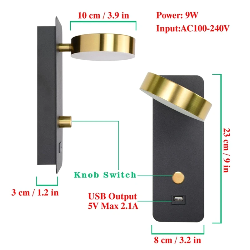 ABBN-โคมไฟติดผนังโมเดิร์นโคมไฟติดผนัง LED 300 องศาหมุน USB ในโคมไฟติดผนังในร่ม 9W โคมไฟติดผนังทางเดิน Sconces