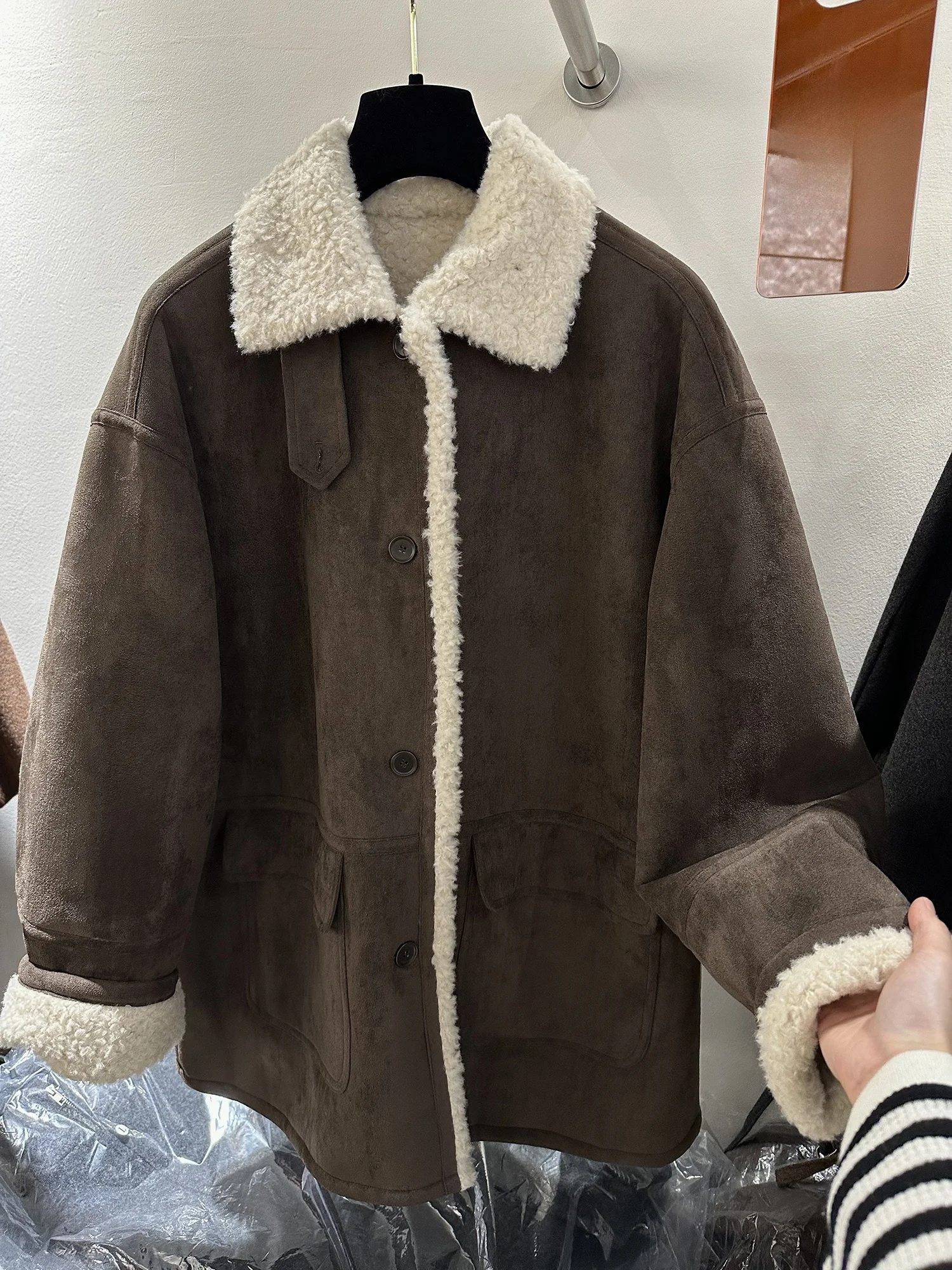 

High-End European Sle Thiened Long Retro Suede Lamb Fur Coat Women's Outerwear Collar Stand-Up Autumn Winter New Arrival