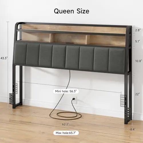 Ergonomic Headboard for Queen Size Bed with 2-Tier Storage, Upholstered Headboard with Outlets, USB Ports, LED Light