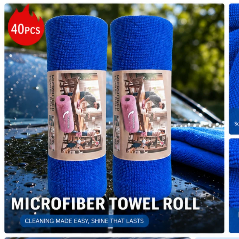 40pc Rolls of microfibre tear-off wipes, reusable cleaning cloths, multi-purpose car wash towels, car cleaning cloths