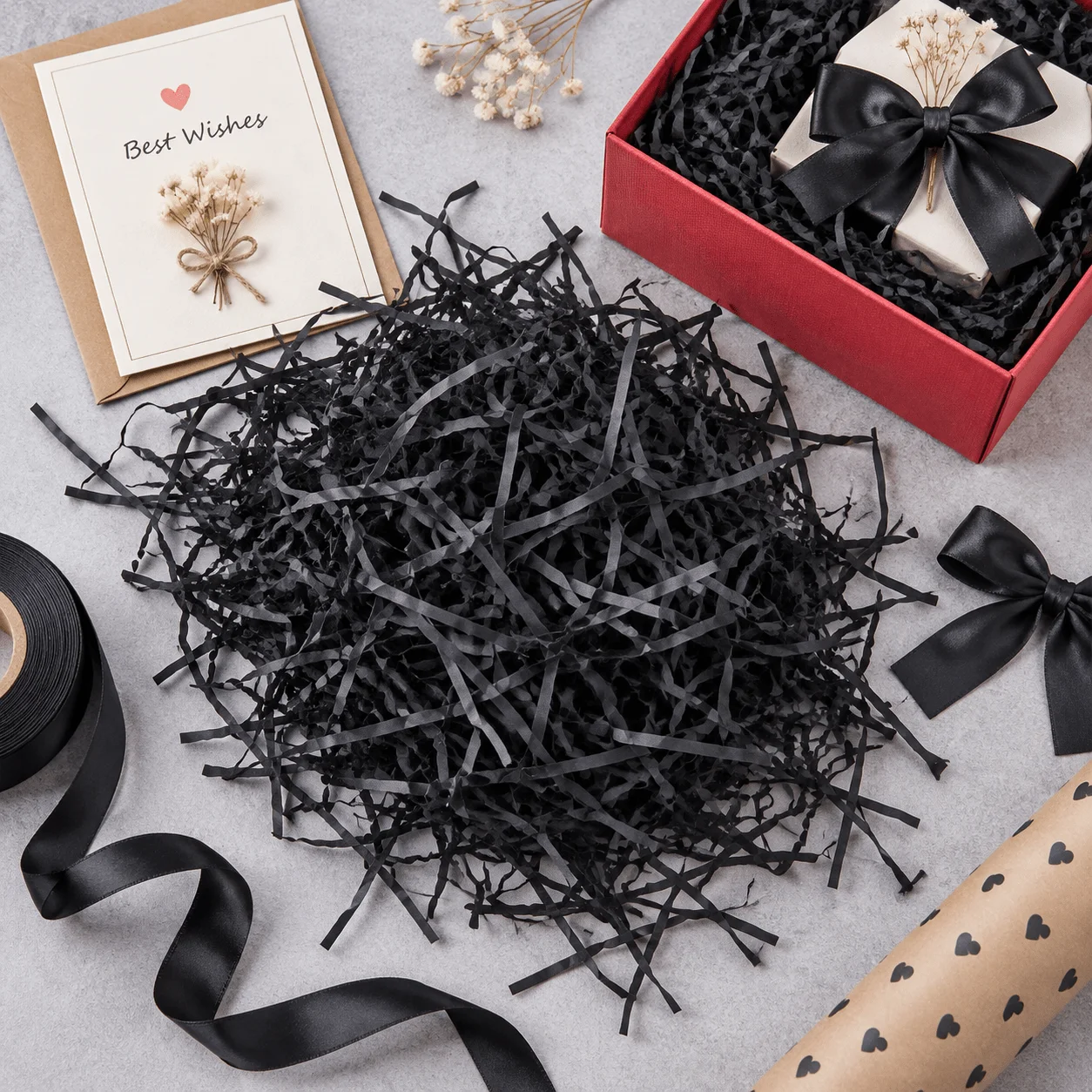 20g-100g Black Raffia Grass Filler Crinkle Shredded Paper Stuffing for Christmas Hamper Halloween Candy Box Gift Wrapping TMZ