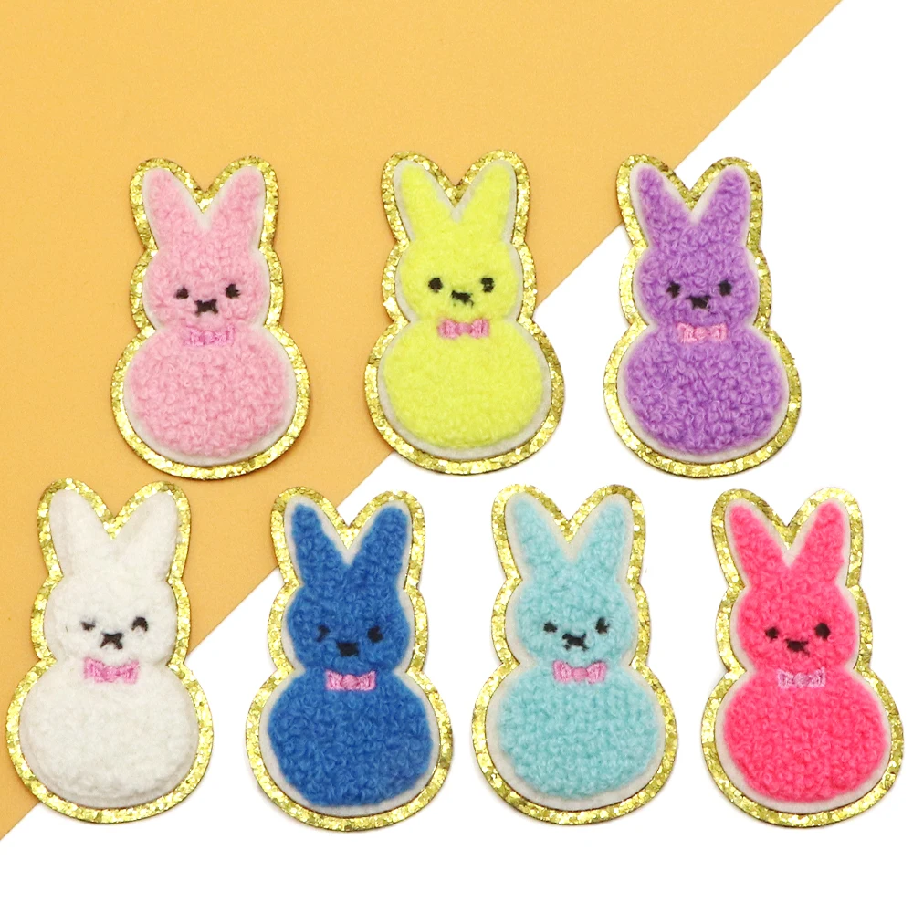 New 1PC Happy Easter Bunny Golden Edges Iron On Patch Chenille Embroidery Fabric Patche Sew On Patch for DIY Hats Bags Clothes