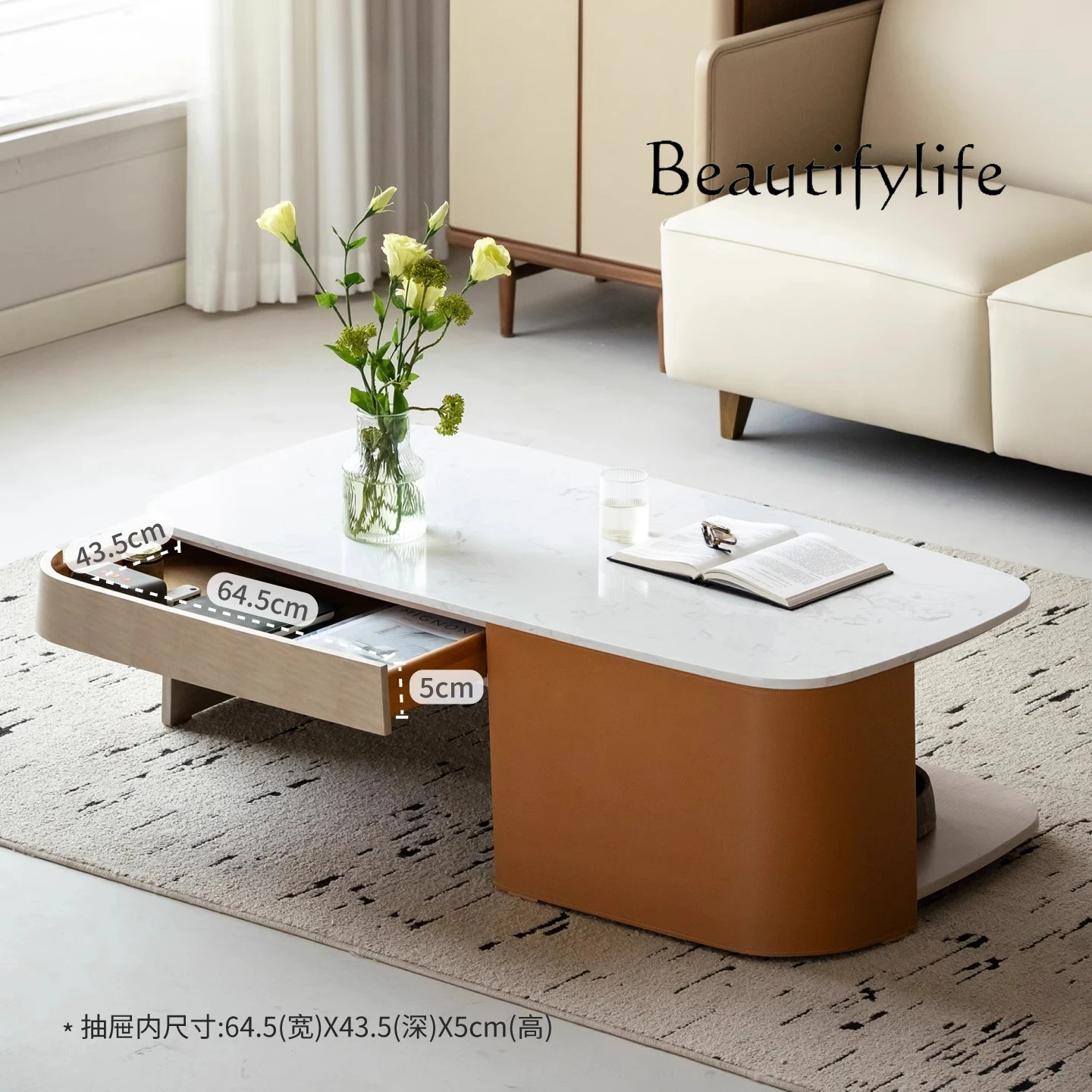 Italian minimalist coffee table living room modern minimalist light luxury marble tea table leather art coffee table