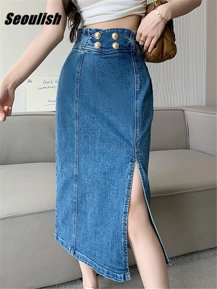 

Seoulish High Waist Buttons Women's Denim Wrap Skirts Spring Summer Front Split Vintage Blue Cowboy Jeans Skirt Female 2023 New