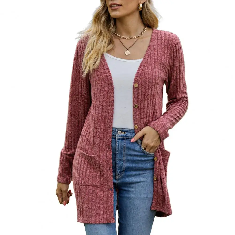 Winter Fall Women Cardigan Coat Knitted Single-breasted Sweater Elastic Pockets Warm Mid Length Lady Jacket Cardigan