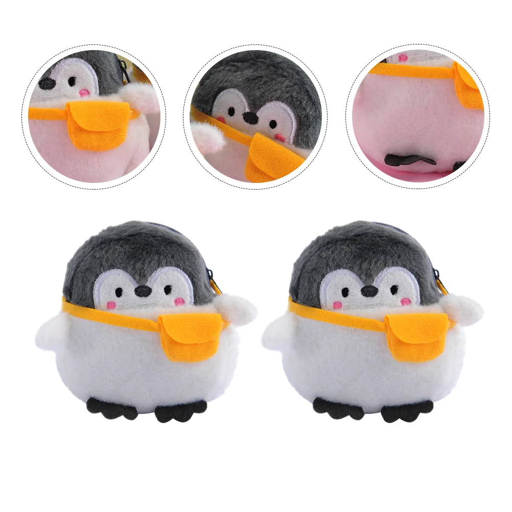 2 Pcs Purse Penguin Shape Mini Wallet Plush Cartoon Animal Bag Thick Fabric Zipper Design Cute Multi Functional