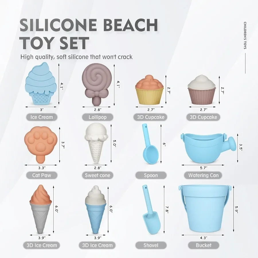 17 Uds juguetes de playa de silicona, juguetes de playa modernos para bebés, juego de playa apto para viajes, cubo de silicona, regadera, pala, 12 moldes de arena,
