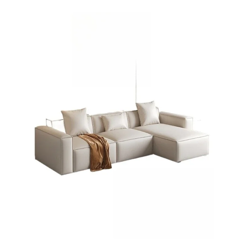 

Cream style Italian leather sofa, modern simple solid wood frame small apartment living room straight row sofa