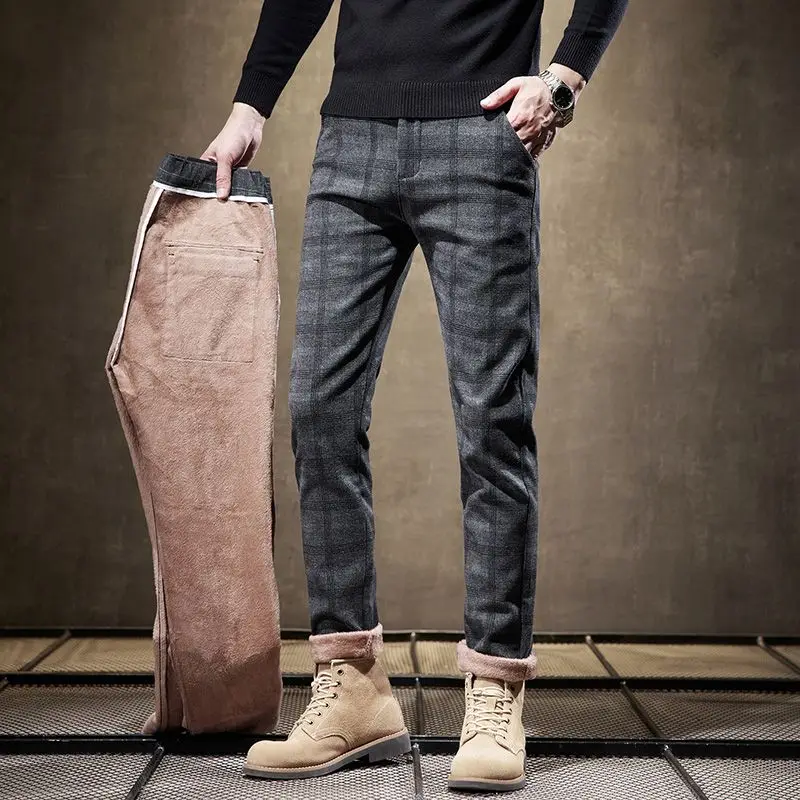 Pantaloni casual in pile da uomo stile classico Pantaloni casual slim dritti da lavoro scozzesi a righe moda Pantaloni da uomo di marca neri grigi