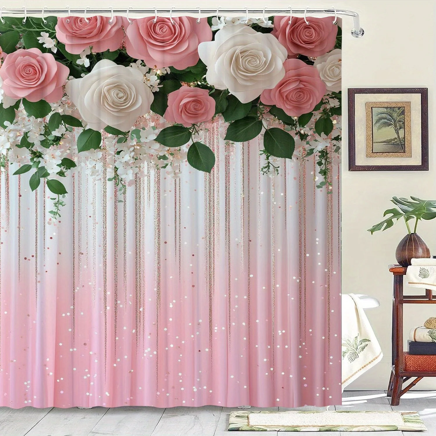 

Beautiful Pink Floral Rose Shower Curtain Waterproof Glitter Sparkle Shower Liner Polyester Bathroom Decor Accent Home Decoratio