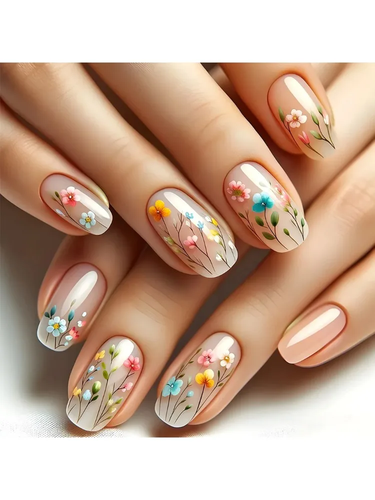 Faux ongles carrés courts et floraux, 24 pièces, avec colle, couleur unie, presse sur ongles en acrylique, couverture complète française Simple