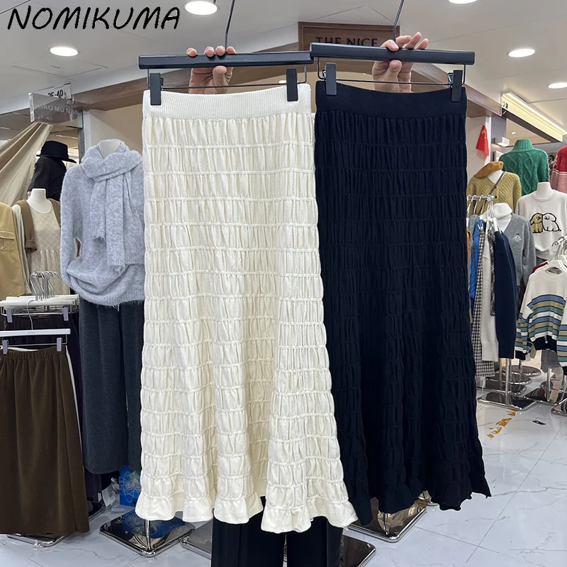 

Nomikuma 2023 Autumn Winter Fashion Patchwork A-line Knitted Skirts Causal High Waisted Folds Sweater Long Skirt Mujer Faldas