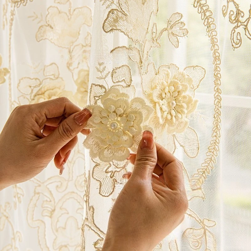 Custom Size Luxury European Style 3D Embroidered Floral Sheer Curtains Semi-Transparent Window Curtains Elegant Decor Door