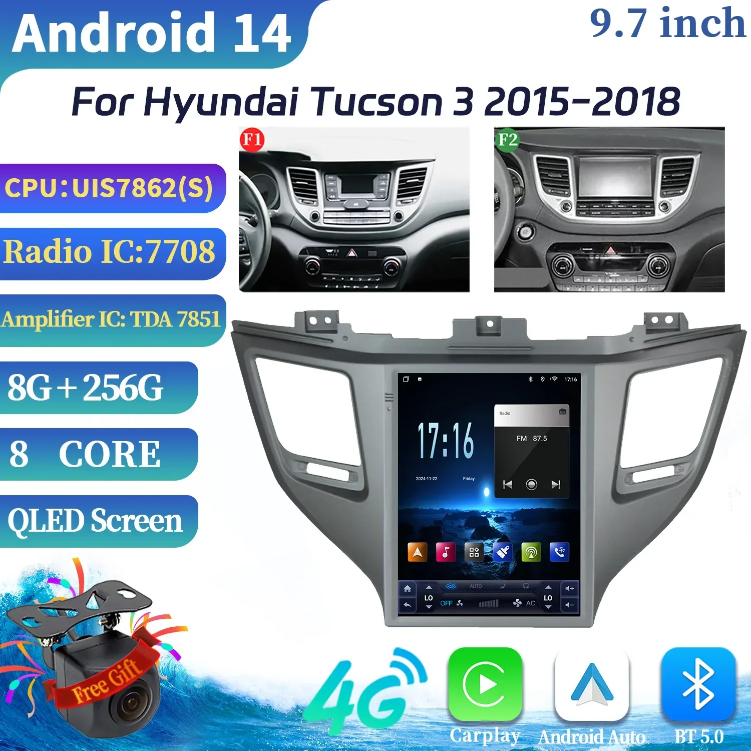 9.7inch For Hyundai Tucson 3 2015-2018 Car Radio Multimedia Navigation Wireless CarPlay 4G GPS Central Android Multimedia Screen