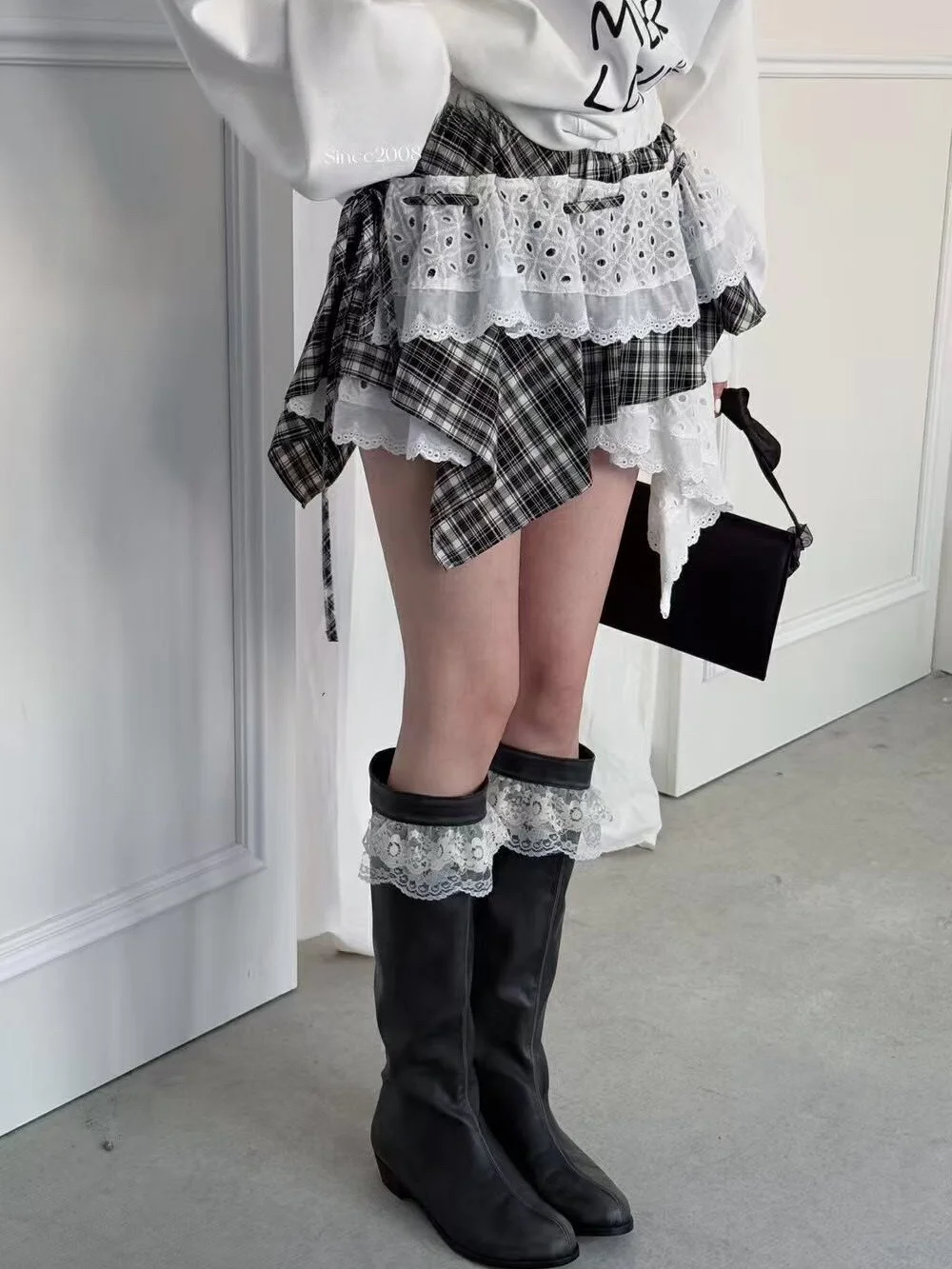 

Summer Lace Splicing Plaid Half Skirt Women's Irregular Cake Short Design A-Line Fluffy Skirt High Waist Polyester Fiber