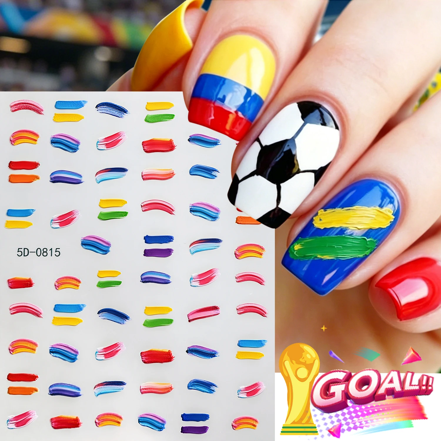 5D Rainbow Color Abstract Nail Art Decals Vibrant Sports Theme Embossed Multicolor Oil Painting Sticker Self-Adhesive Nail Decor