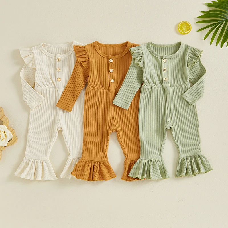 

Toddler Baby Girl Fall Ribbed Romper Solid Color Long Fly Sleeves Ruffle Round Neck Front Button Down Flare Pants Jumpsuit