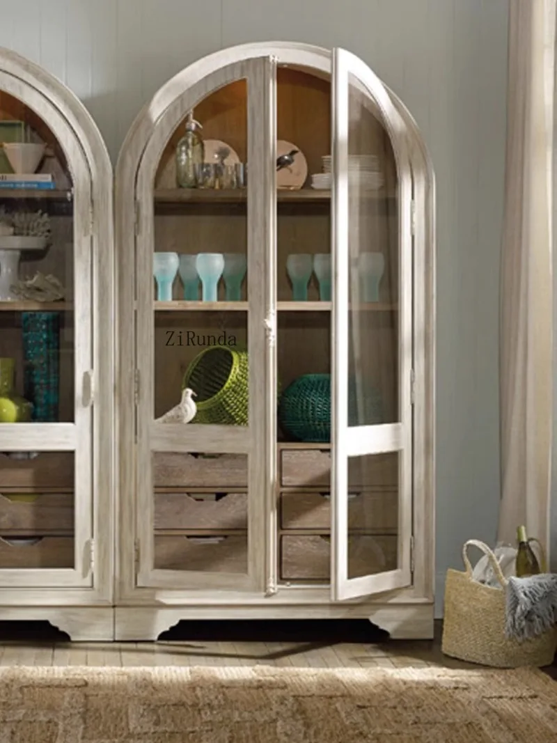 Rural Solid Wood Children's Bookcase Living Room French Arched Display Cabinet Modern Glass Door Locker Customization