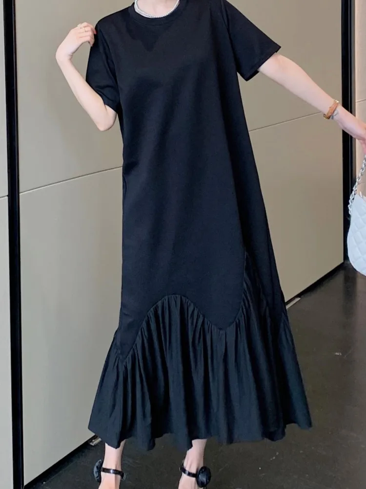 ฤดูร้อนหลวม Patchwork T เสื้อจีบผู้หญิง Oversize Elegant Vintage ผ้าฝ้ายสุภาพสตรีชุดสีดําชุดผู้หญิง Vestidos