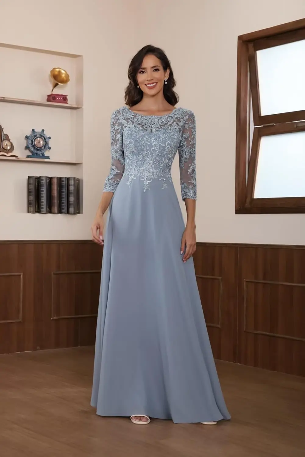 Manmuxi 3/4 Sleeve Lace Applique Chiffon Long Mother of The Bride Dress Formal Evening Gown For Daughter Wedding Banquet