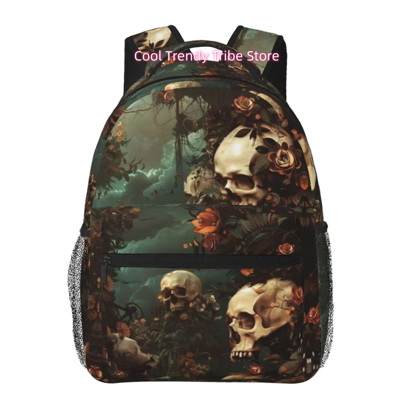 Dark Green Jungle Vine Rose Skull Gothic Print Backpack, Oxford Cloth Adjustable Strap Casual Daypack, for Casual Outings, Daily