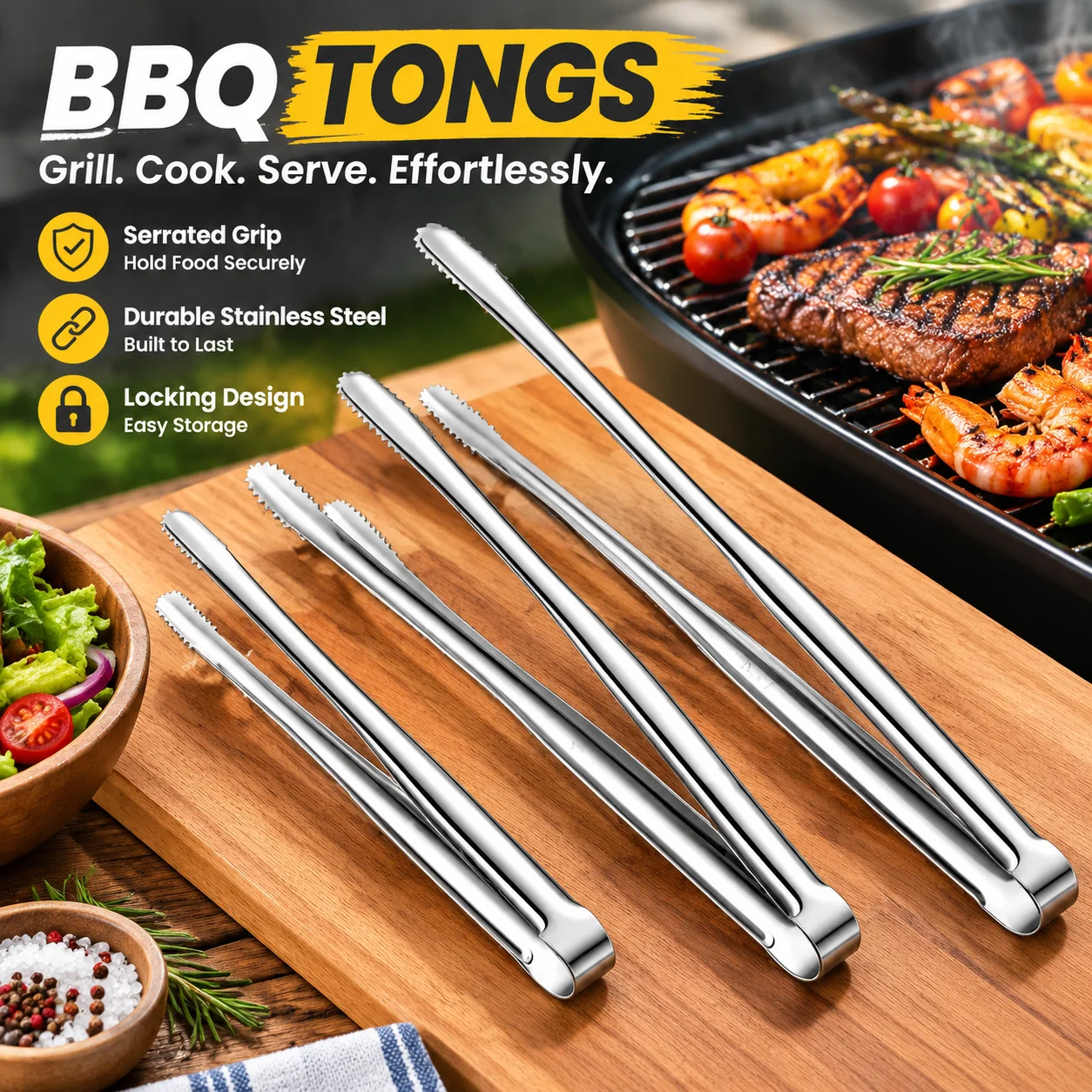 Stainless Steel BBQ Tongs with Serrated Non-Slip Grip, Locking Kitchen Tongs for Grilling, Cooking, Steak, Salad, Baking,