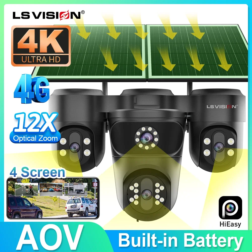LS VISION Four Screens 4G AOV Solar Camera Three PTZ Lens 12X Optical Zoom 24/7 Video Recording Auto Zoom Tracking CCTV Cam 4k