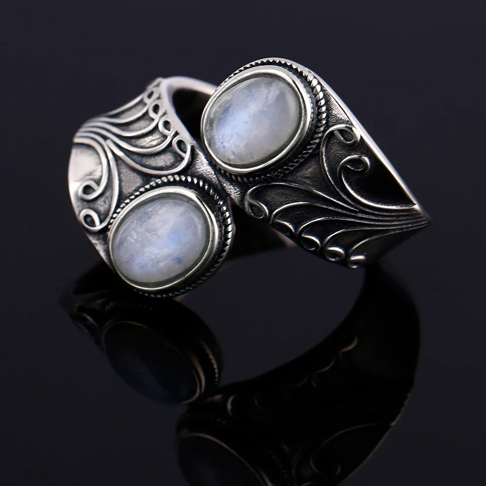 925 Sterling Silver Naturalny pierścionek z kamieniem księżycowym dla mężczyzn Kobiety Kreatywny projekt Drobna biżuteria Impreza Urodzinowa Prezent Akcesoria — zdjęcie 4