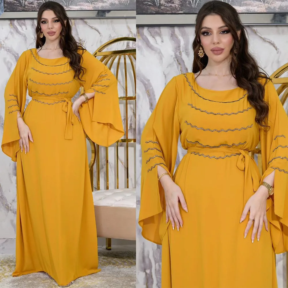 Flare Sleeves Prom Dresses Backless 2024 New Design Crystal Arabia Women Formal Occasion Evening Dresses Party Gown 