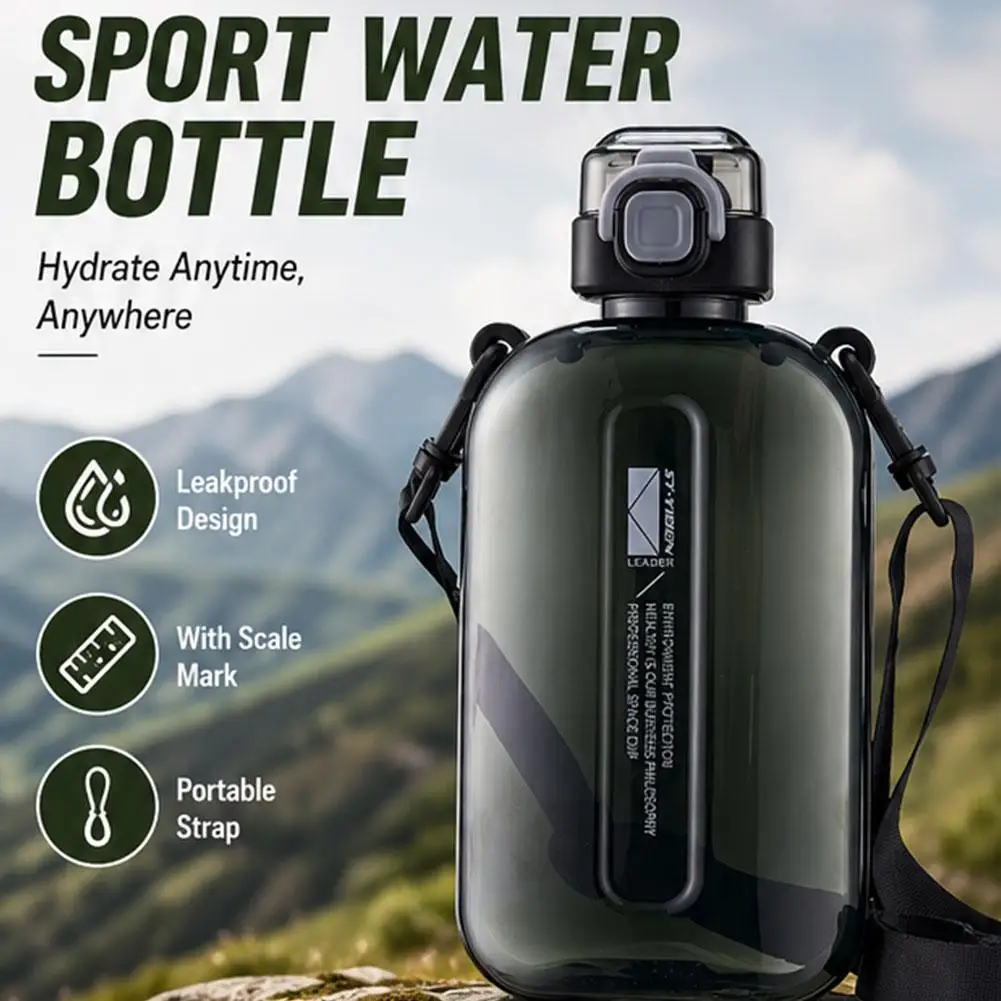 750ML Flat Water Bottle with Adjustable Strap Slim Bottle Design Transparent Square Portable Flask for Travel Sports Work