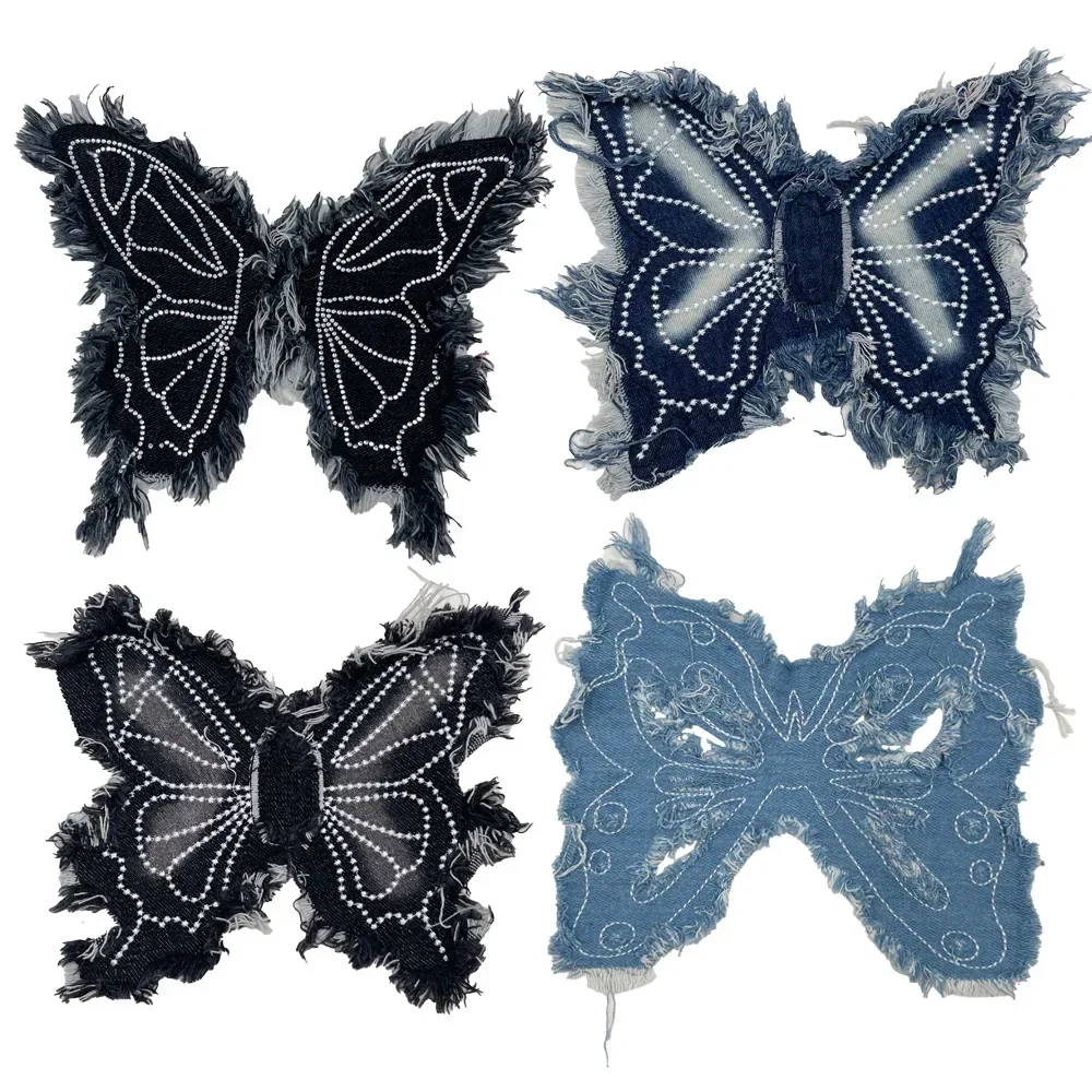 New Fashion Big Denim Butterfly Tassel Embroidery Patch Anime Patches for Clothing Sports Shoes Patch Sew on Patches Clothes DIY