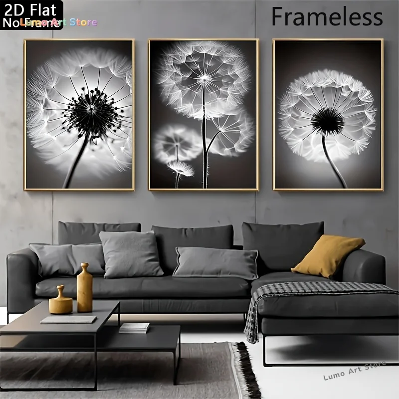 2D Flat, 3pcs Canvas Painting Dandelion and Inspirational Quotations Canvas Poster Painting, Modern Plant Art Printed Matter