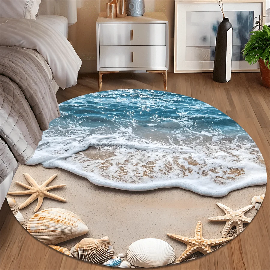 2D Ocean Beach Round Rug Sea Wave Starfish Seashell Circular Mat  Coastal Tropical Style Bedroom Living Room Floor Decor Carpet