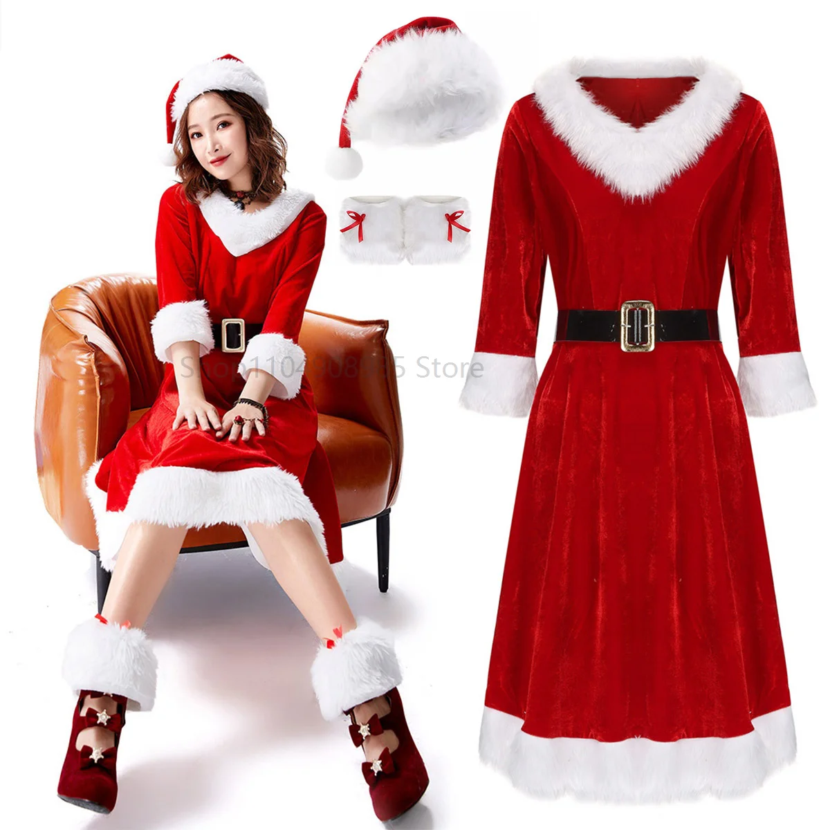 

Women Christmas Sexy Santa Outfit Mrs. Claus Costume Set Sweetie Adult Christmas Santa Claus Costume Red Dress and Santa Hat