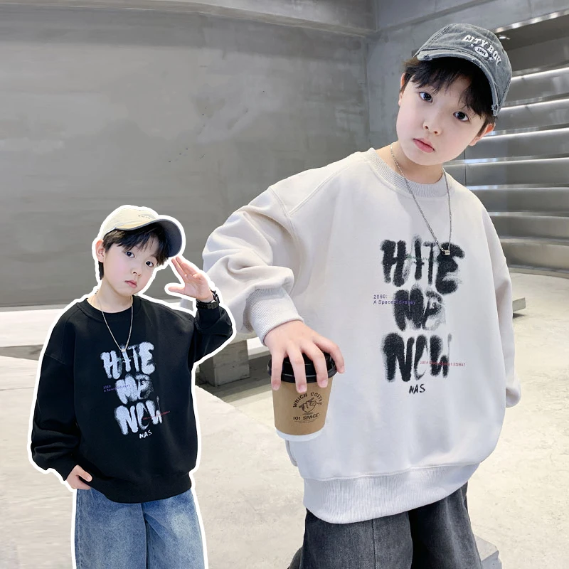 

7-16 Years Teenager Cotton Sweatshirt for Boys 2025 Autumn Clothing Letter Print Loose Casual Tops Kids Child Fashion Clothes