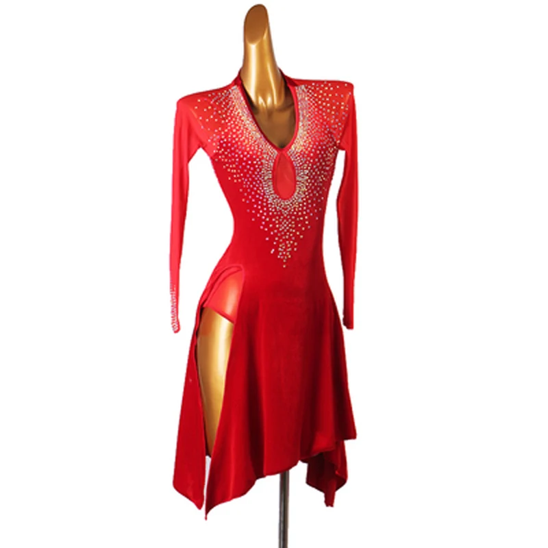 Latin Dress Dance Competition Performance Stage Costume Ballroom Pratice Wear Velvet Slit Rhinestones Nightclub Outfits