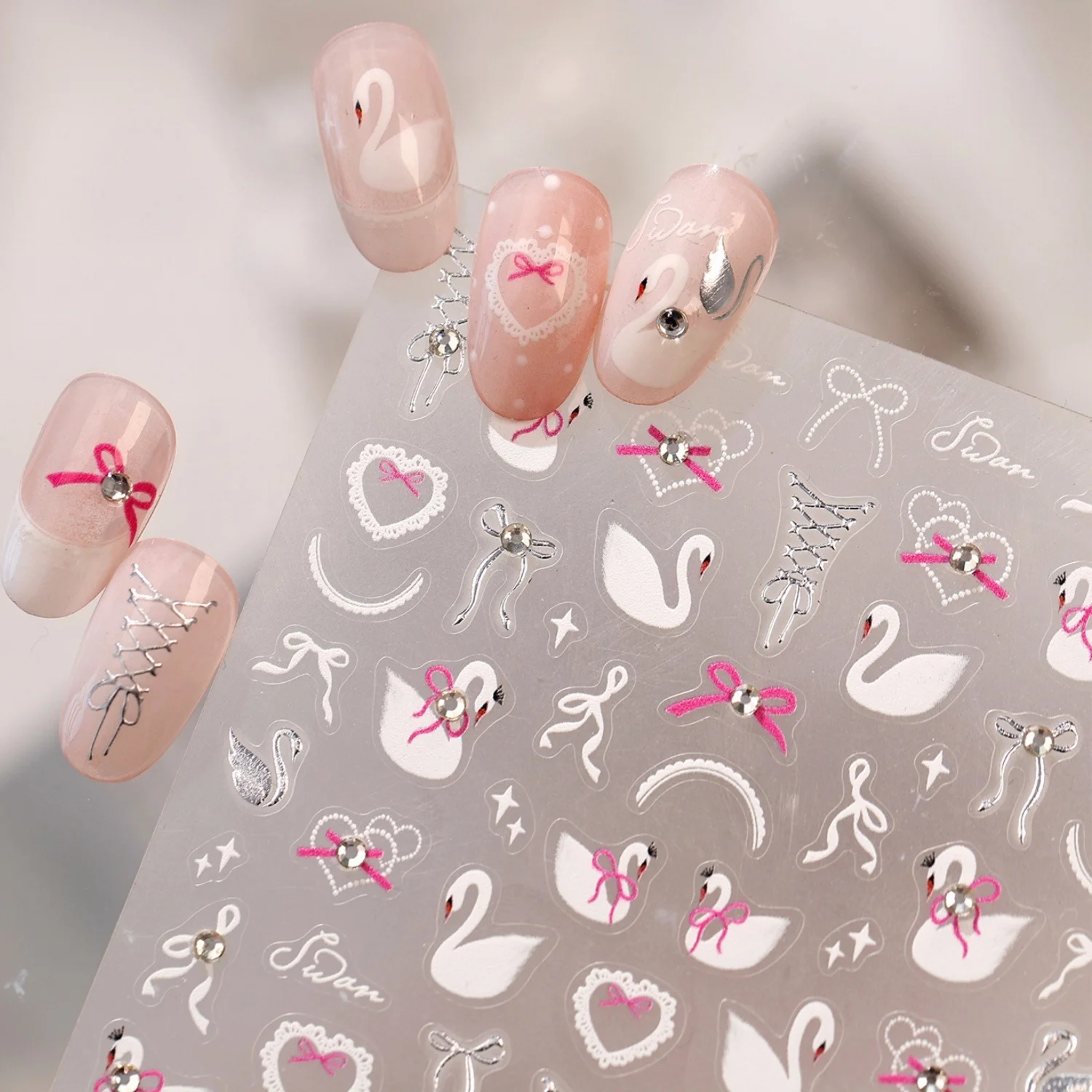 Silver White Swan 5D Cute Nail Decal Ballet Girl Ribbon Bow Lace Strap Rhinestone Heart Self Adhesive Nail Art Sticker Manicure