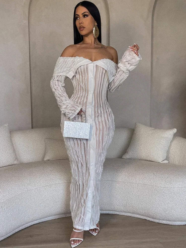 Sexy Off the Shoulder Bodycon Maxi Dress Women Mesh Sheer Single-breasted Wave Striped Night Club Party Long Dresses Birthday