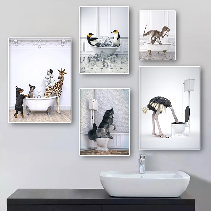 Funny Toilet Bathtub Animal Ostrich Print Bathroom Wall Decor Abstract Canvas Painting Kids Rest Room HomeArt Poster