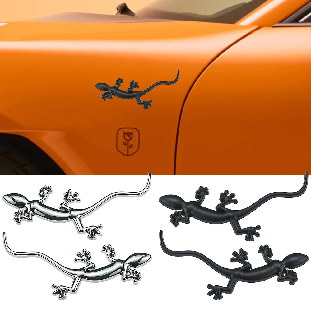 3D Metal Gecko Shape Lizard Pattern Car Badge Emblems Sticker Decal Self-adhesive Car Decoration Accessories Silver/Black